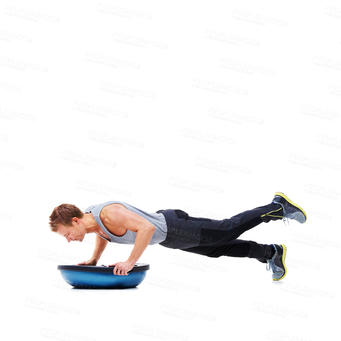 Buy stock photo Man, workout and push ups with ball for fitness, exercise or training on a white studio background. Active male person lifting body challenge for strength, muscle or strong arms on mockup space