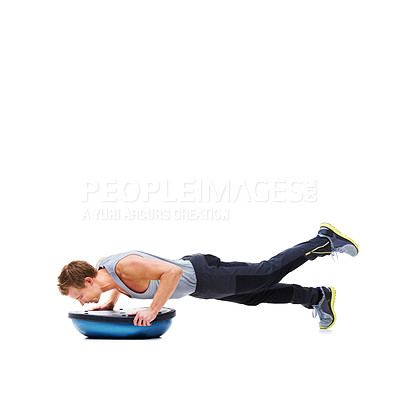 Buy stock photo Man, training and push ups with bosu ball for fitness, exercise or workout on a white studio background. Active male person lifting body weight for strength, muscle or strong arms on mockup space