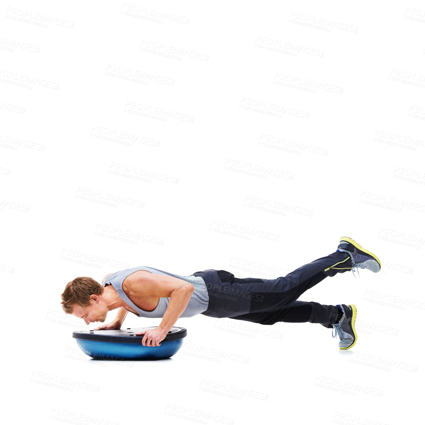 Buy stock photo Man, training and push ups with bosu ball for fitness, exercise or workout on a white studio background. Active male person lifting body weight for strength, muscle or strong arms on mockup space