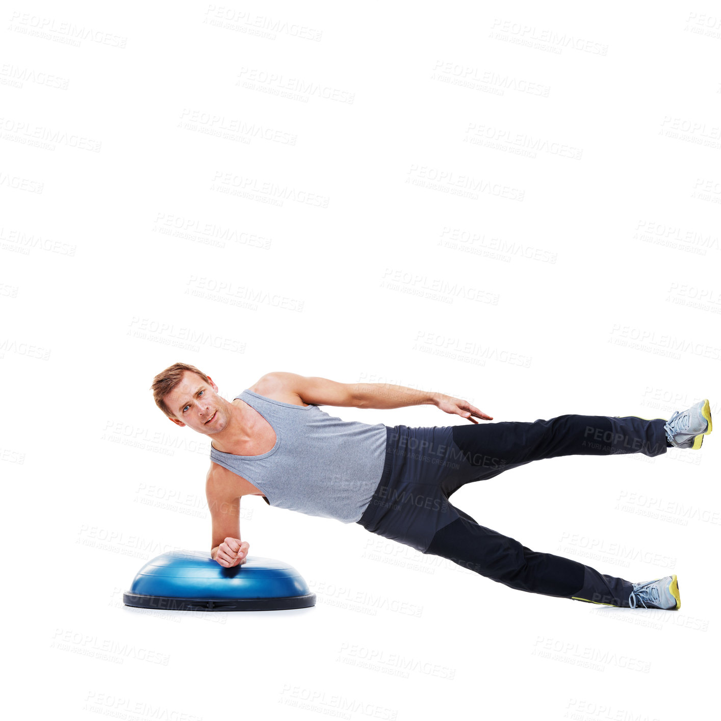 Buy stock photo Man, exercise and balance on bosu ball for core training, muscle and workout isolated on white background. Fitness equipment, strength and endurance with mockup space and strong athlete in studio