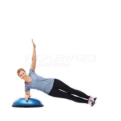 Buy stock photo Woman, portrait and lying on bosu ball for exercise, workout or training on a white studio background. Active female person on half round object for pilates, practice or strong core on mockup space
