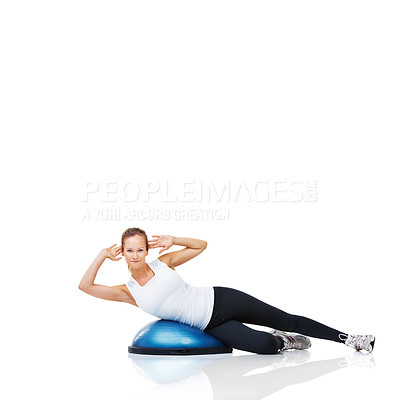Buy stock photo Balance, training and woman with bosu ball in workout, core exercise and wellness on white background. Muscle, strength and power with challenge on mockup space, athlete and fitness tools in studio