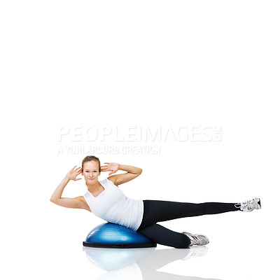 Buy stock photo Portrait of athlete, ball or core exercise in workout for abs or core development on white background. Woman, training equipment or fitness for studio mockup space, balance challenge or wellness