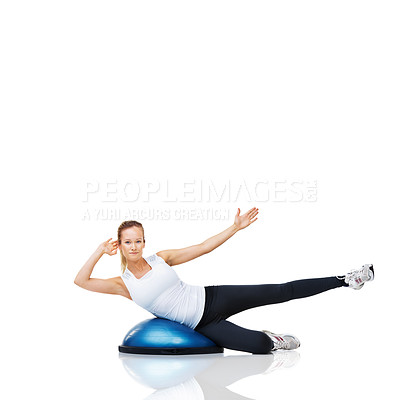Buy stock photo Woman, athlete and fitness with bosu ball for core training and muscle, balance and workout on white background. Exercise equipment, strength and endurance with mockup space and strong in studio