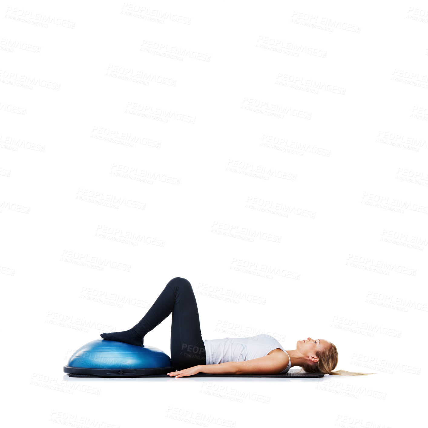 Buy stock photo Woman, bosu ball and sit ups for exercise, workout or fitness on a white studio background. Young active female person or athlete on half round object for yoga, health and wellness on mockup space