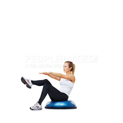 Buy stock photo Woman, workout and sitting on half ball for exercise, fitness or training on a white studio background. Active female person on balance object for pilates, practice or strong core on mockup space