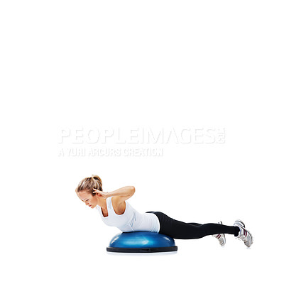 Buy stock photo Woman, workout and balance on half ball for core training, muscle and fitness isolated on white background. Exercise equipment, strength and endurance with mockup space and strong athlete in studio