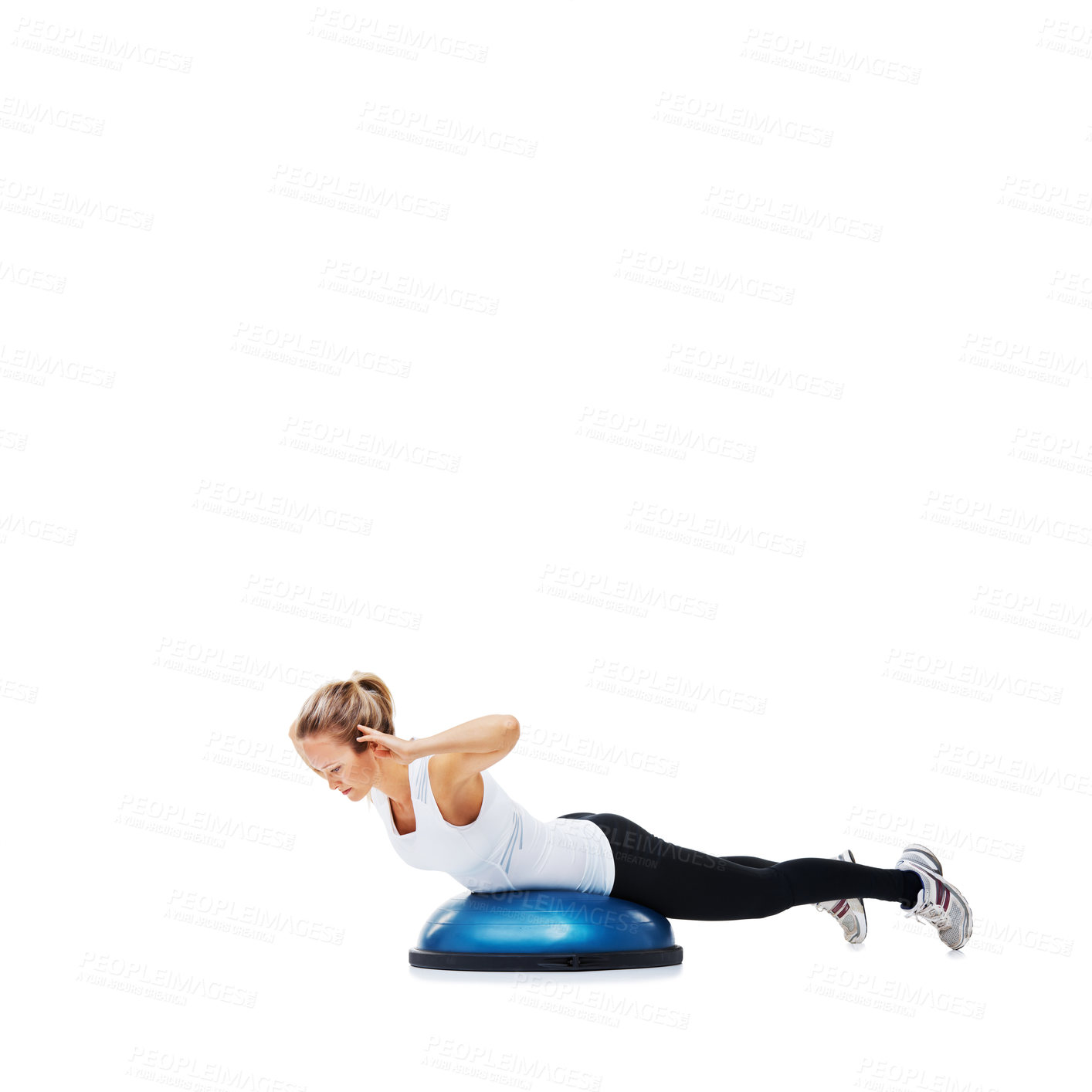 Buy stock photo Woman, workout and balance on half ball for core training, muscle and fitness isolated on white background. Exercise equipment, strength and endurance with mockup space and strong athlete in studio