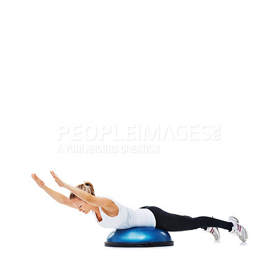 Buy stock photo Woman, fitness with half ball for core training and muscle, balance and workout isolated on white background. Exercise equipment, strength and endurance with mockup space and strong athlete in studio