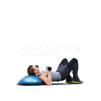 Buy stock photo Fitness, half ball or man in dumbbell workout performance for wellness in studio on white background. Strong male athlete, bodybuilder or training equipment for mockup space, challenge or weights