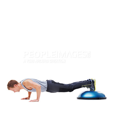 Buy stock photo Fitness, half ball and man doing push up for wellness, studio workout or arm strength development. Gym mockup space, exercise equipment and person training muscle on white background floor