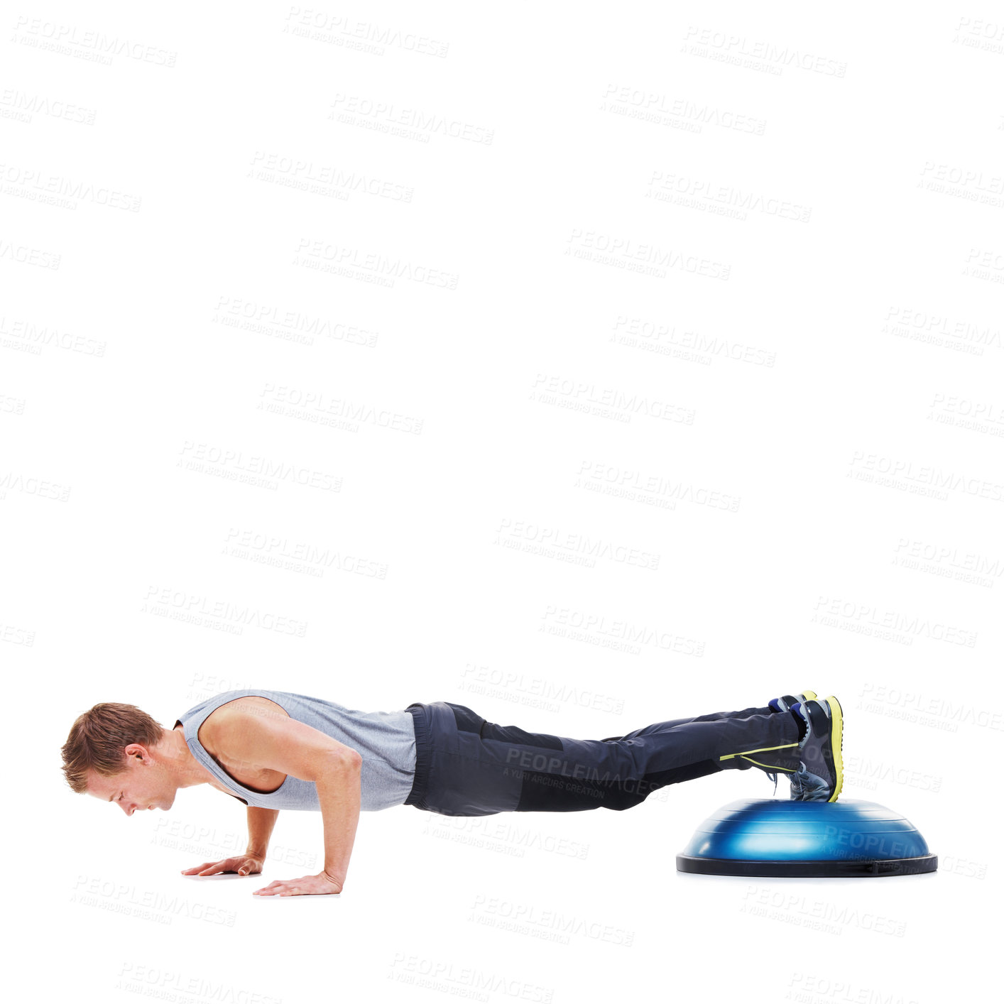 Buy stock photo Fitness, half ball and man doing push up for wellness, studio workout or arm strength development. Gym mockup space, exercise equipment and person training muscle on white background floor