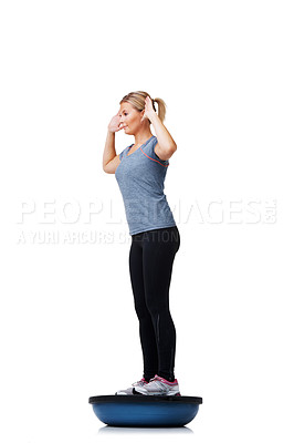 Buy stock photo Woman, balance ball and standing for fitness, exercise or workout on white studio background. Active female person or athlete on half round object for training, health and wellness on mockup space