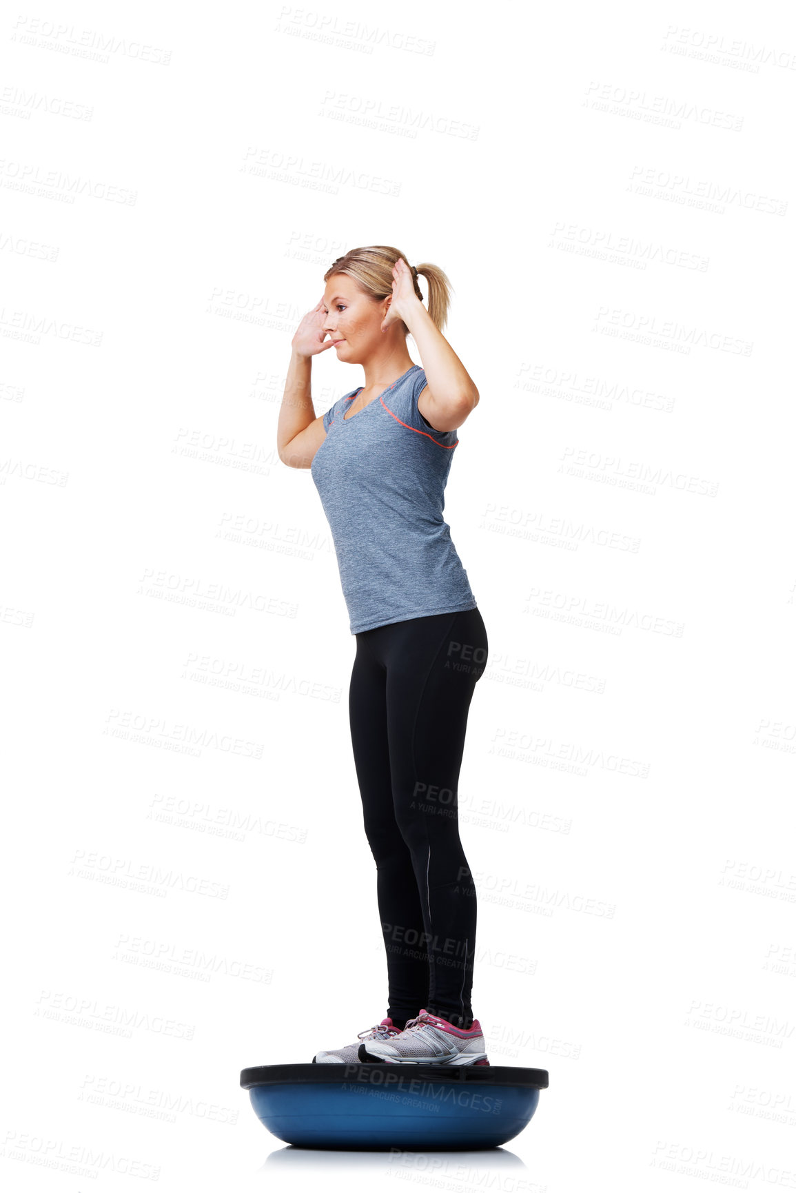 Buy stock photo Woman, balance ball and standing for fitness, exercise or workout on white studio background. Active female person or athlete on half round object for training, health and wellness on mockup space