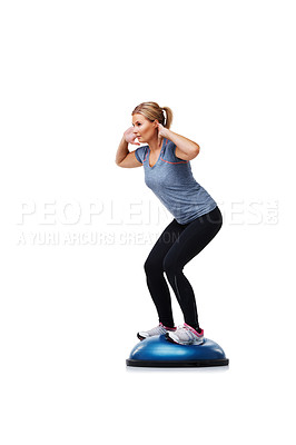 Buy stock photo Training, half ball or woman doing balance, squat or wellness challenge for active studio exercise. Pilates practice, stability equipment or sports athlete in fitness club routine on white background