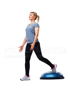 Buy stock photo Training, half ball or woman doing studio exercise, balance performance or wellness challenge for active workout. Practice routine, gym stability platform and athlete fitness on white background