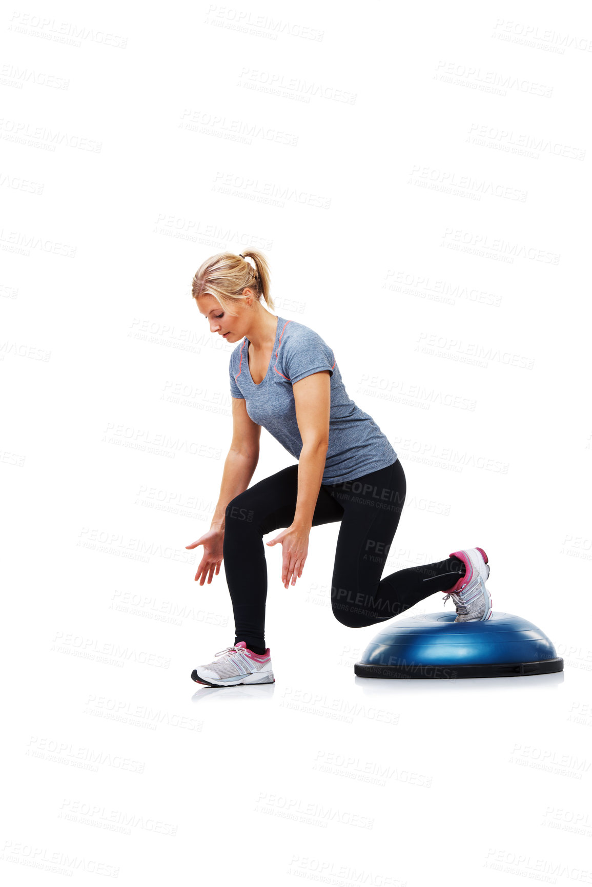 Buy stock photo Training, half ball and woman doing lunge for wellness, studio workout or legs strength development. Stability challenge, balance dome platform and person exercise isolated on white background