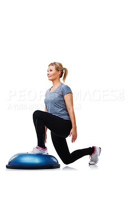 Buy stock photo Workout, half ball and woman doing lunge for wellness, physical exercise or legs strength performance. Aerobics, balance dome platform and studio person in stability training on white background