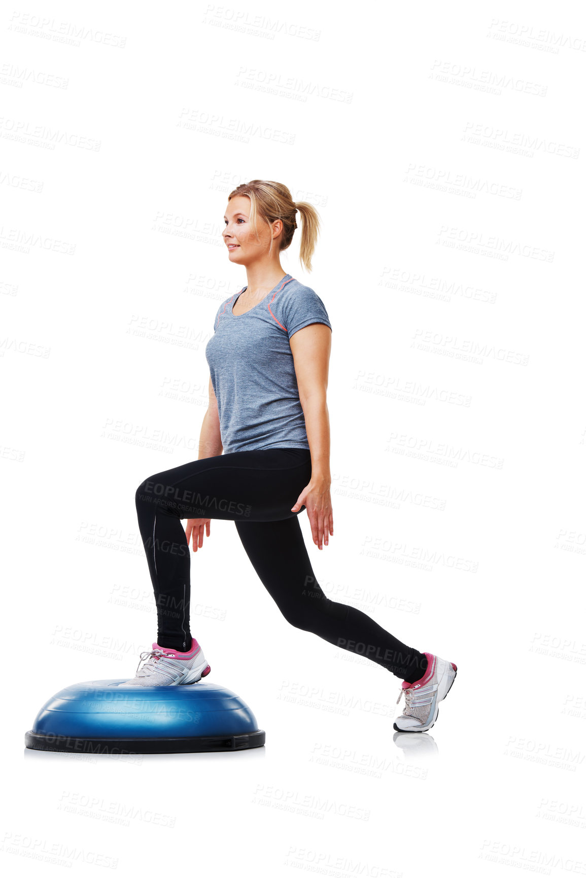 Buy stock photo Training, half ball and woman doing lunge for coordination, physical exercise or legs strength performance. Muscle fitness, balance platform and studio person in stability workout on white background