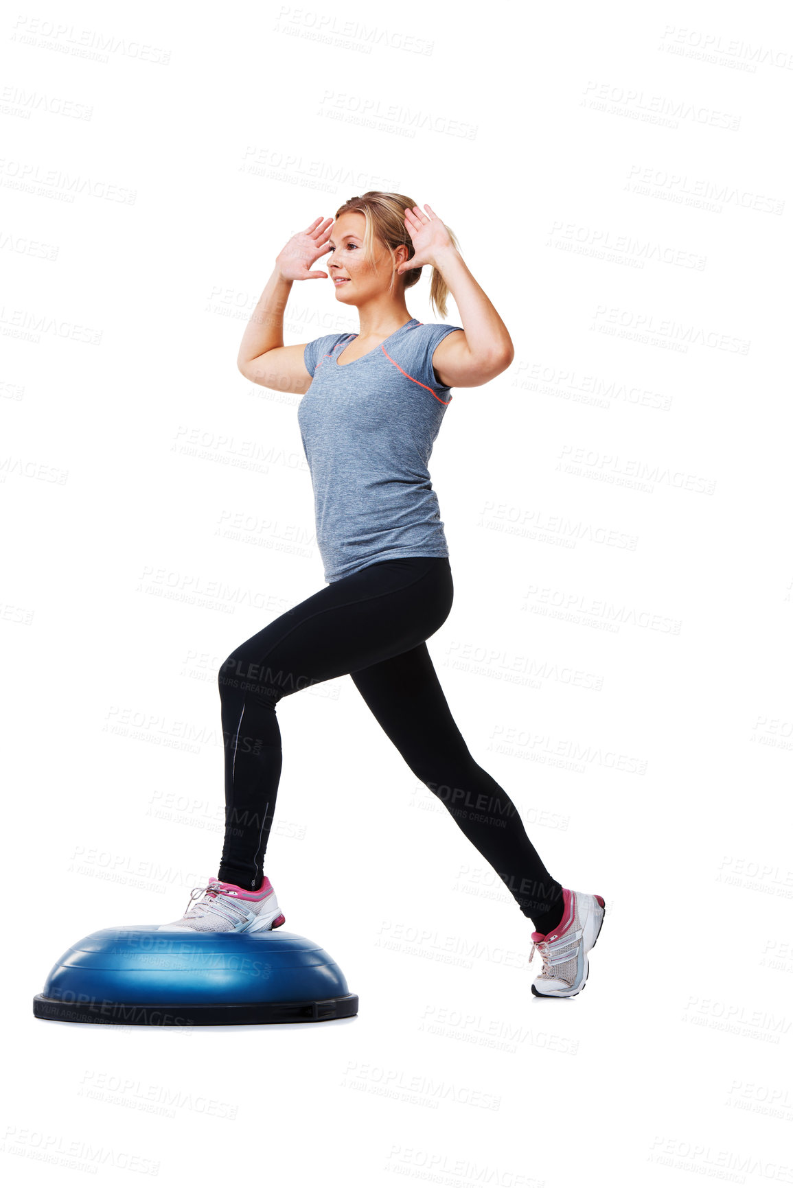 Buy stock photo Studio, half ball and woman training for gym commitment, physical exercise or aerobics performance. Fitness club, balance platform and pilates person in muscle stability workout on white background