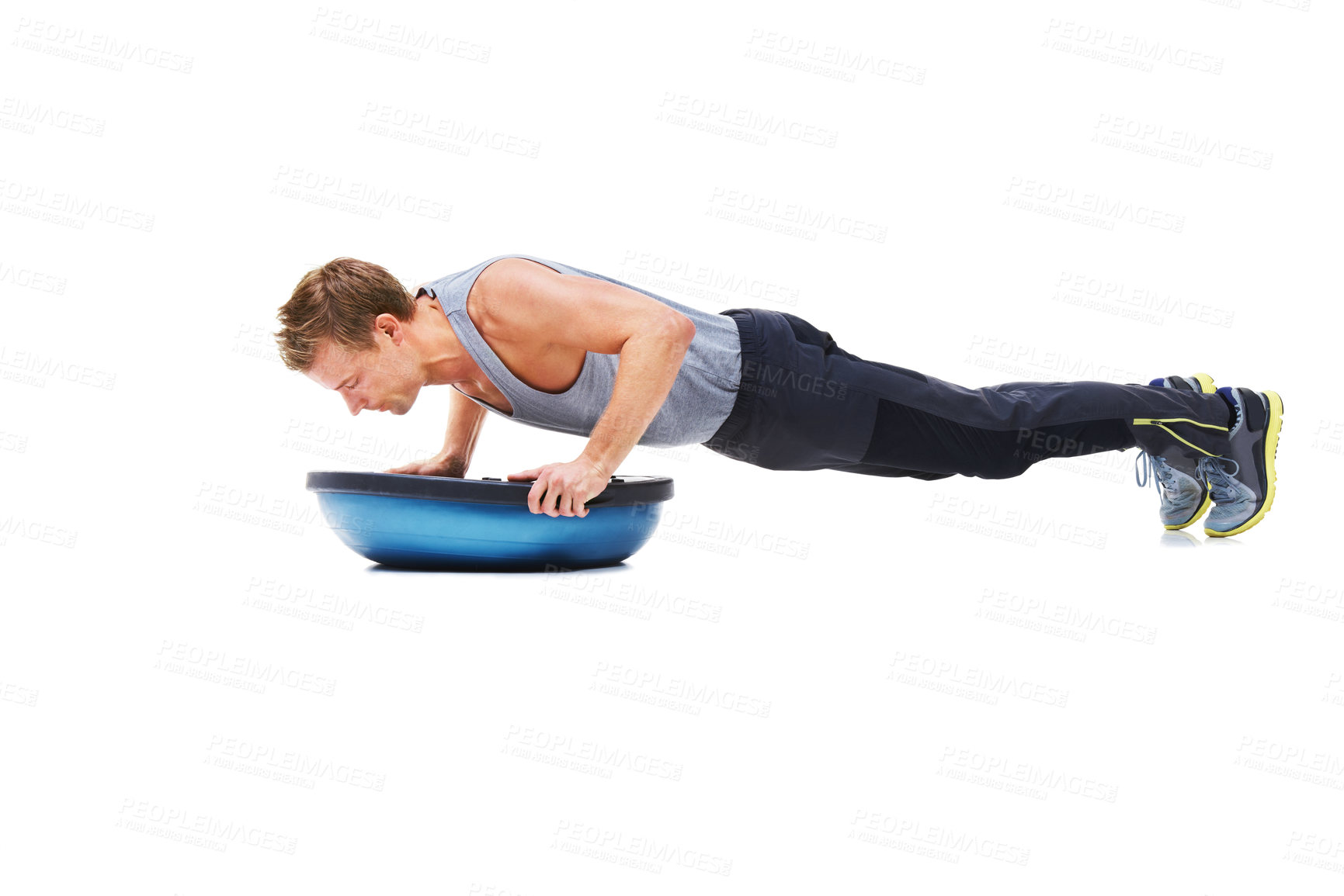 Buy stock photo Man, workout and half ball for plank in studio for fitness, strong exercise and gym with muscle health on floor. Bodybuilder or young sports model with push up or arms training on a white background