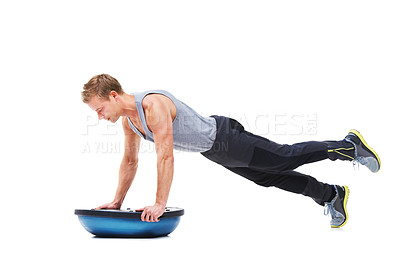 Buy stock photo Man, half ball and push up or fitness in studio, core strength and workout challenge for wellness. Male person, athlete and equipment for training, mockup space and performance by white background