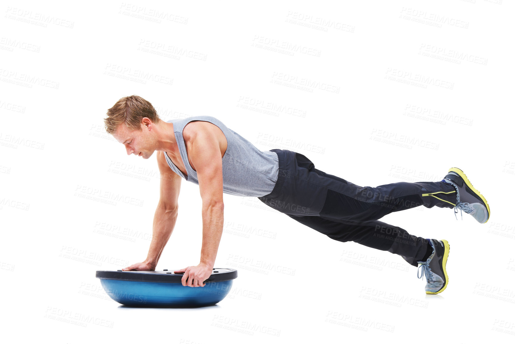 Buy stock photo Man, half ball and push up or fitness in studio, core strength and workout challenge for wellness. Male person, athlete and equipment for training, mockup space and performance by white background