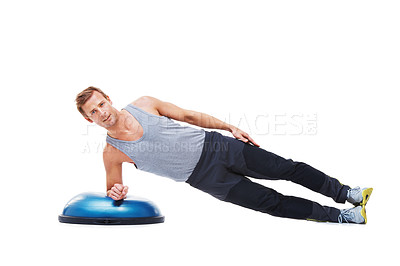 Buy stock photo Man portrait, half ball or plank for fitness, studio workout or core strength development. Active balance challenge, exercise equipment or sport person doing muscle training on white background floor