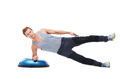 Buy stock photo Man portrait, half ball or plank exercise for wellness, studio workout or core strength development. Balance challenge, fitness equipment and athlete doing muscle training on white background floor
