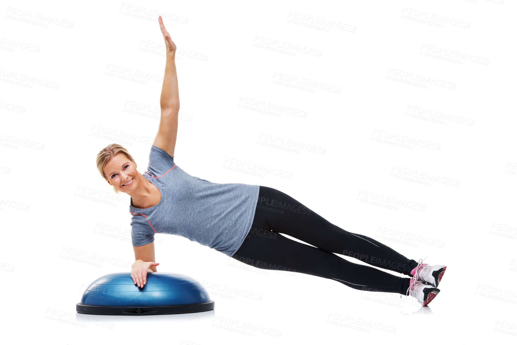 Buy stock photo Woman portrait, half ball or plank for fitness, studio workout or core strength development. Balance challenge, exercise equipment and happy person smile for muscle training on white background floor