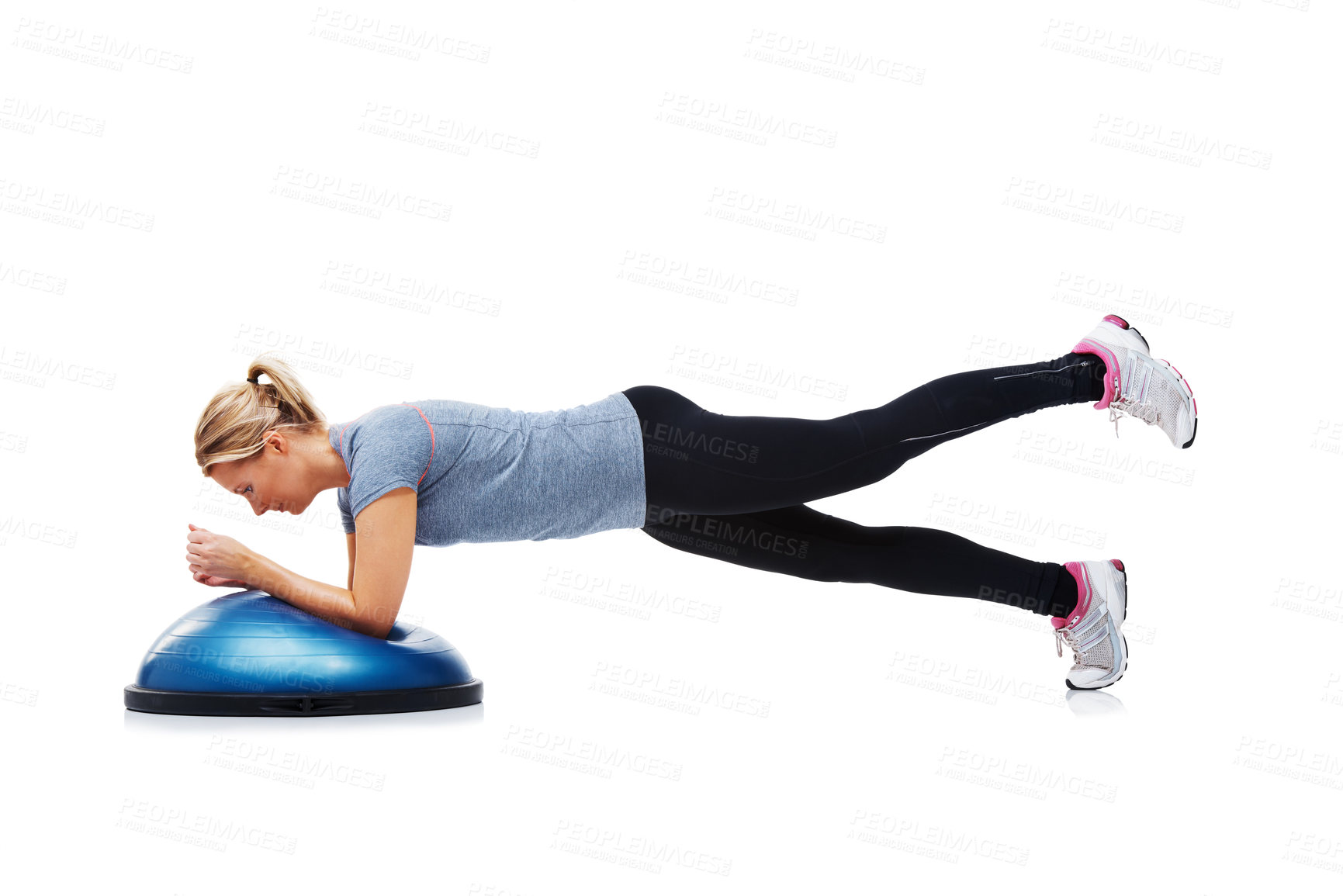 Buy stock photo Woman, half ball and exercise or workout in studio, core strength and fitness challenge for wellness. Female person, athlete and equipment for training, healthy body and performance in sportswear