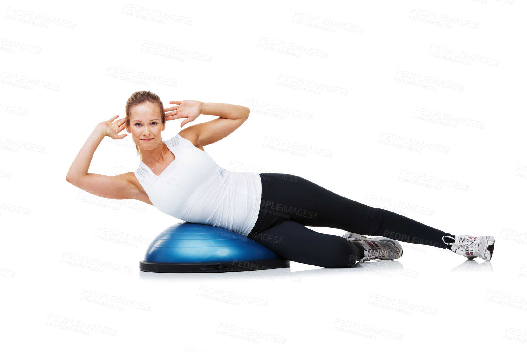 Buy stock photo Portrait, half ball and woman exercise for core strength development, pilates workout or fitness club routine. Studio floor, sports equipment and person training, balance or gym on white background
