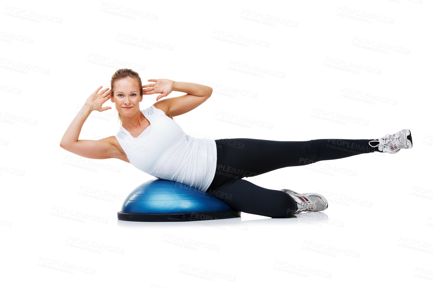 Buy stock photo Fitness, half ball and portrait of woman in a studio for stretching body workout or training with balance. Sports, equipment and young female person with muscle warm up exercise by white background.