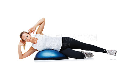 Buy stock photo Sports, half ball and portrait of woman in a studio for stretching body workout or training with balance. Fitness, equipment and young female person with muscle warm up exercise by white background.