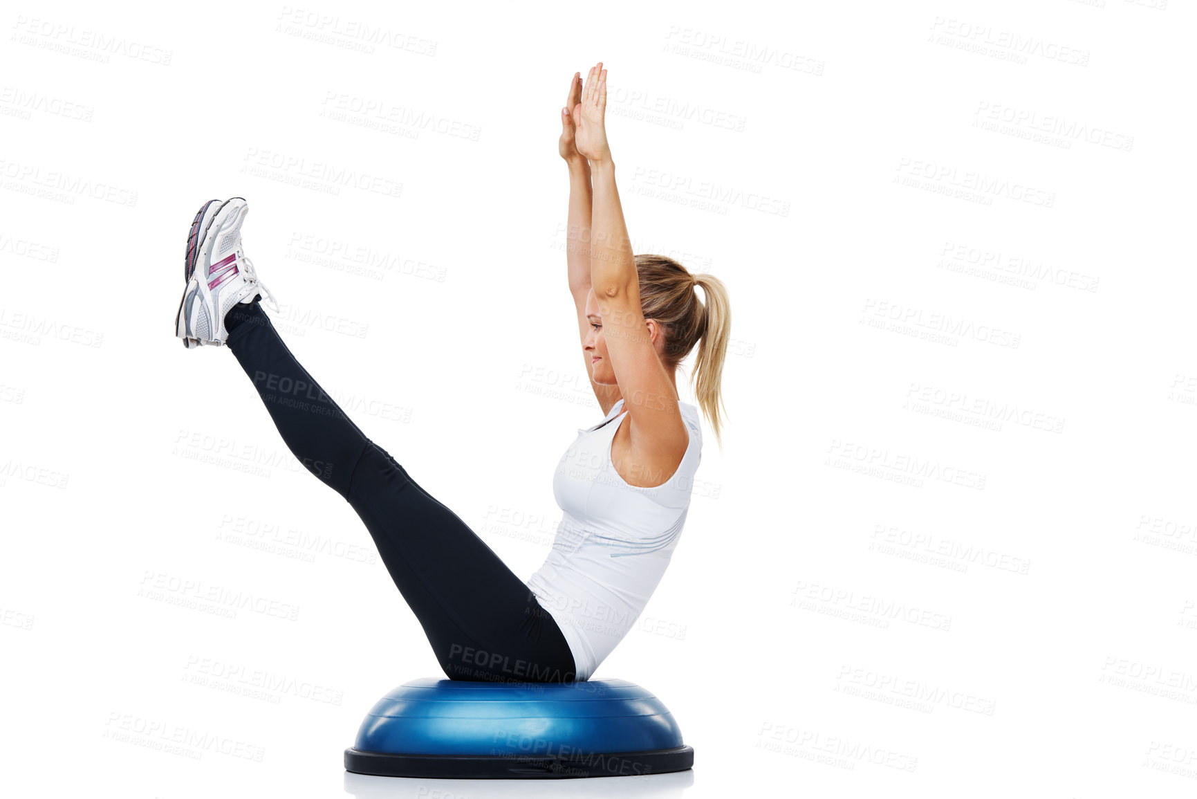 Buy stock photo Sports, half ball and woman athlete in studio for stretching body workout or training with balance. Sports, equipment and young female person with muscle warm up exercise isolated by white background