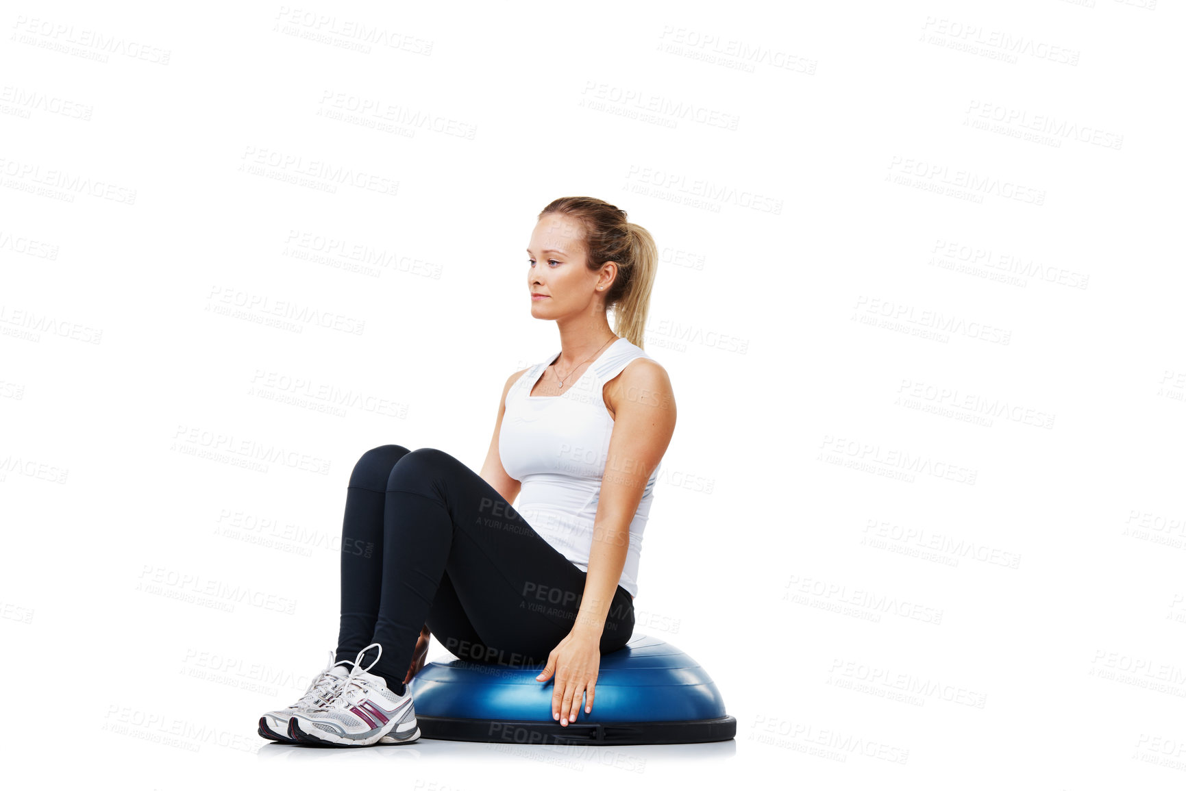 Buy stock photo Fitness, half ball and woman sitting in a studio for balance body exercise or workout for health. Sports, health and young female person with training on equipment isolated by white background.