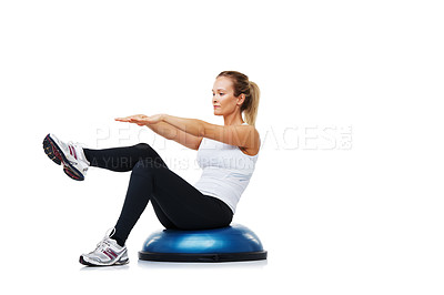 Buy stock photo Fitness, half ball and woman in a studio for stretching body workout or training with balance. Sports, equipment and young female person with muscle warm up exercise isolated by white background.