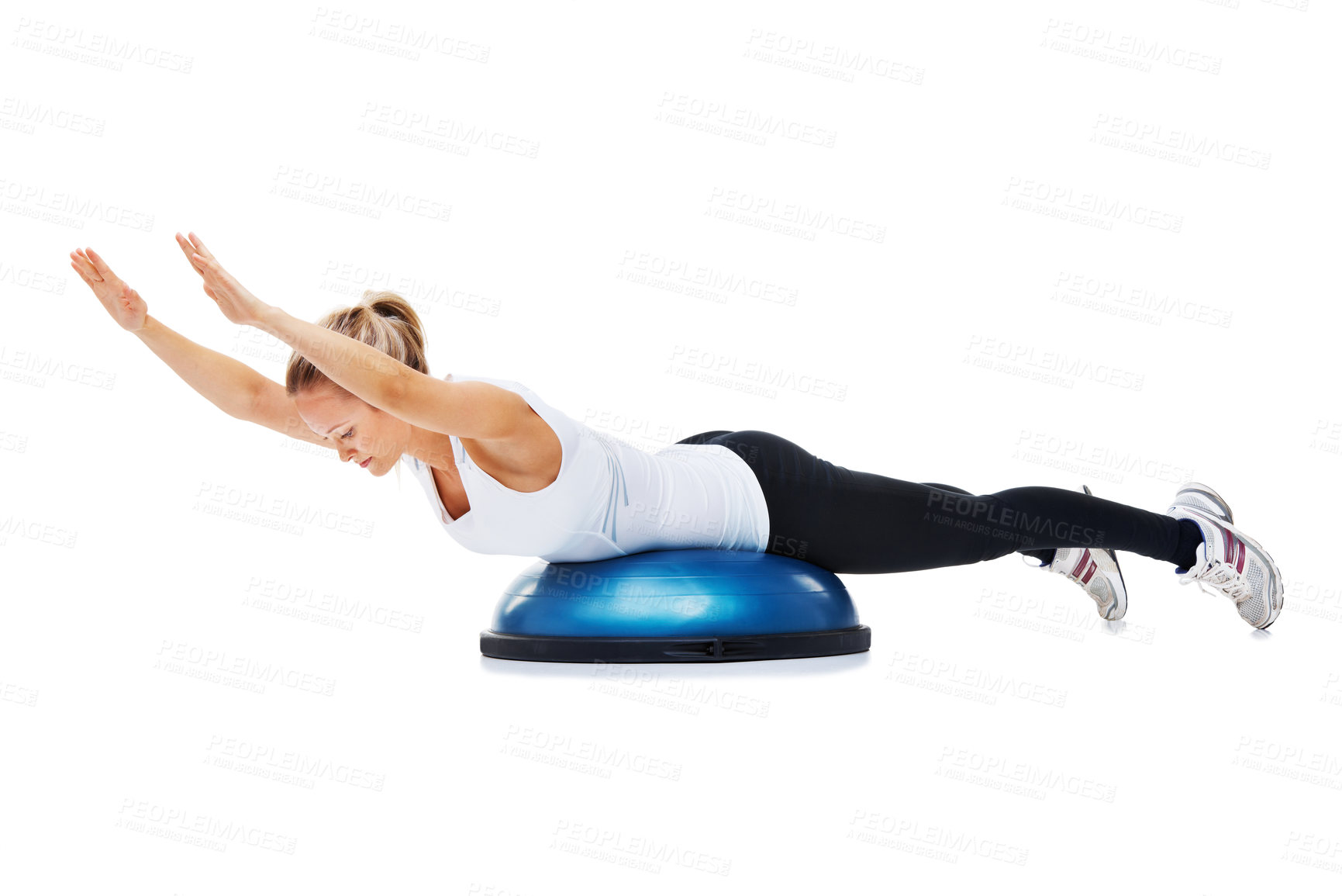 Buy stock photo Sports, bosu ball and woman stretching in a studio for body workout or training with balance. Fitness, equipment and young female person with muscle warm up exercise isolated by white background.