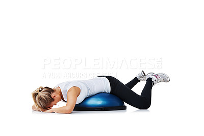 Buy stock photo Fitness, half ball and woman exercise in a studio for balance body stretching or workout for health. Sports, health and young female person with training on equipment isolated by white background.