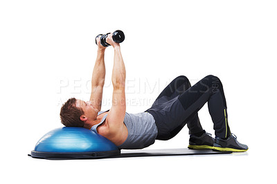 Buy stock photo Dumbbells, half ball and man exercise for muscle building, workout or arm strength development. Gym equipment, studio floor and strong bodybuilder training, hard work and fitness on white background