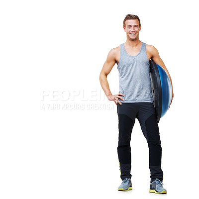 Buy stock photo Fitness portrait, half ball and happy man for wellness, studio workout or pilates performance with gym equipment. Mockup space, sports training or person smile for active exercise on white background