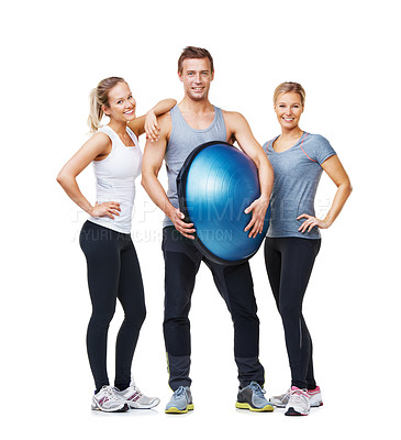 Buy stock photo Fitness portrait, half ball and happy people for wellness, studio workout or pilates class with gym equipment. Team happiness, studio training and group smile for active exercise on white background