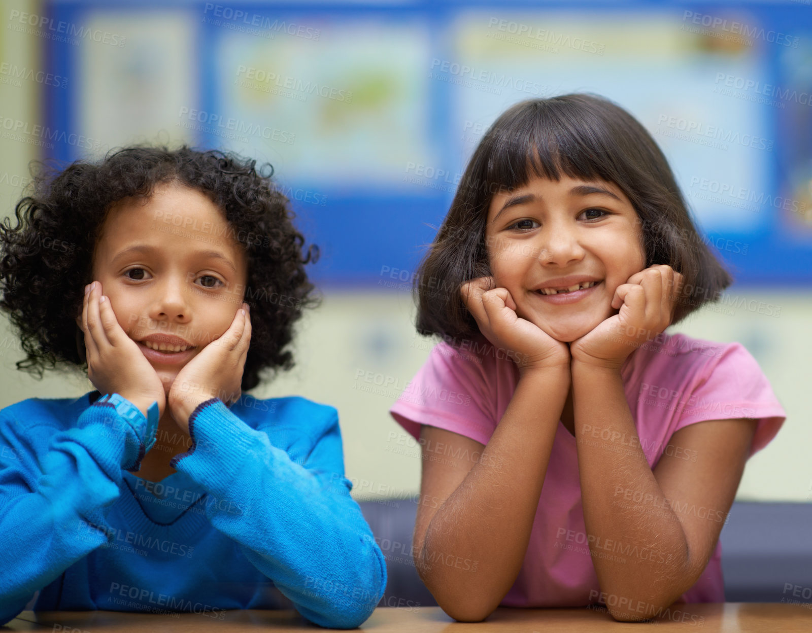 Buy stock photo Students, children and portrait or happiness in classroom for learning, knowledge or education at desk. Kids, face and smile at academy or school with confidence or pride for development and friends