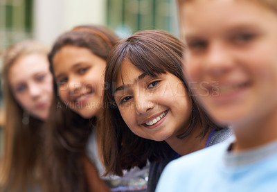 Buy stock photo Girl, portrait and confidence in corridor at school or happy and pride for learning, education or knowledge. Student, person or face with smile in building or hallway before class or ready to study