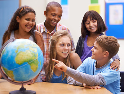 Buy stock photo Students, kids with globe and learning map in classroom for education, teaching and quiz or group support. Happy children with planet earth, world and geography for 3d knowledge of history in school