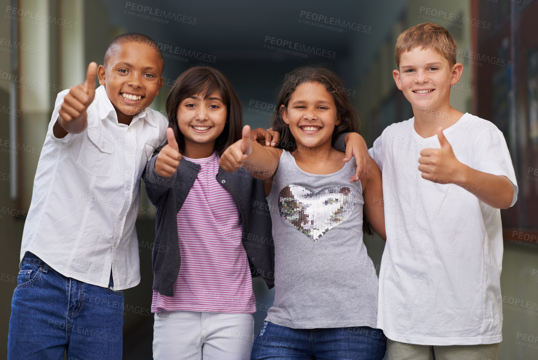 Buy stock photo Happy children, portrait and students with thumbs up for success, winning or education at school. Group of young kids smile with like emoji, yes sign or OK for thank you or good job outside classroom