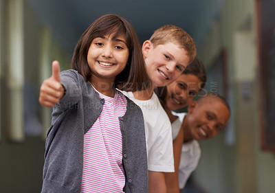 Buy stock photo Children, student and thumbs up at school for learning success, education achievement and thank you. Group portrait of kids and girl with like, yes and vote or feedback for knowledge and support