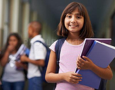 Buy stock photo Girl, portrait and happy in corridor of school with backpack or books for learning, education or knowledge. Student, person and face with smile in building or hallway before class or ready to study  