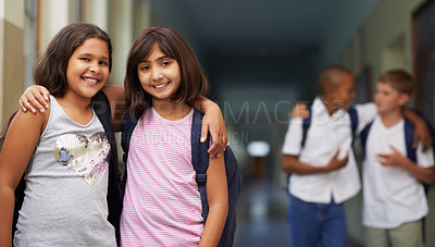 Buy stock photo Girl, portrait and happy in corridor with friend or backpack for learning, education or knowledge at school. Student, person or face with smile in building or hallway before class or ready to study  