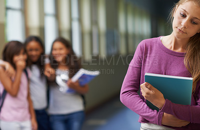 Buy stock photo Girl, depression and bullying with book has anxiety from problem with students at school with autism. Young, teenager and notebook sad at gossip by kids studying for an education with mental health.